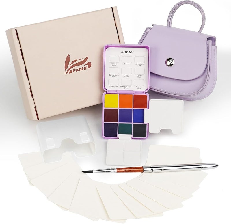 Funto Mini Watercolor Set Travel Kit with 9 Colors, Leather Bag & Watercolor Paper, Portable Drawing & Painting Supplies for Beginners, Art Gift Set - Image 1